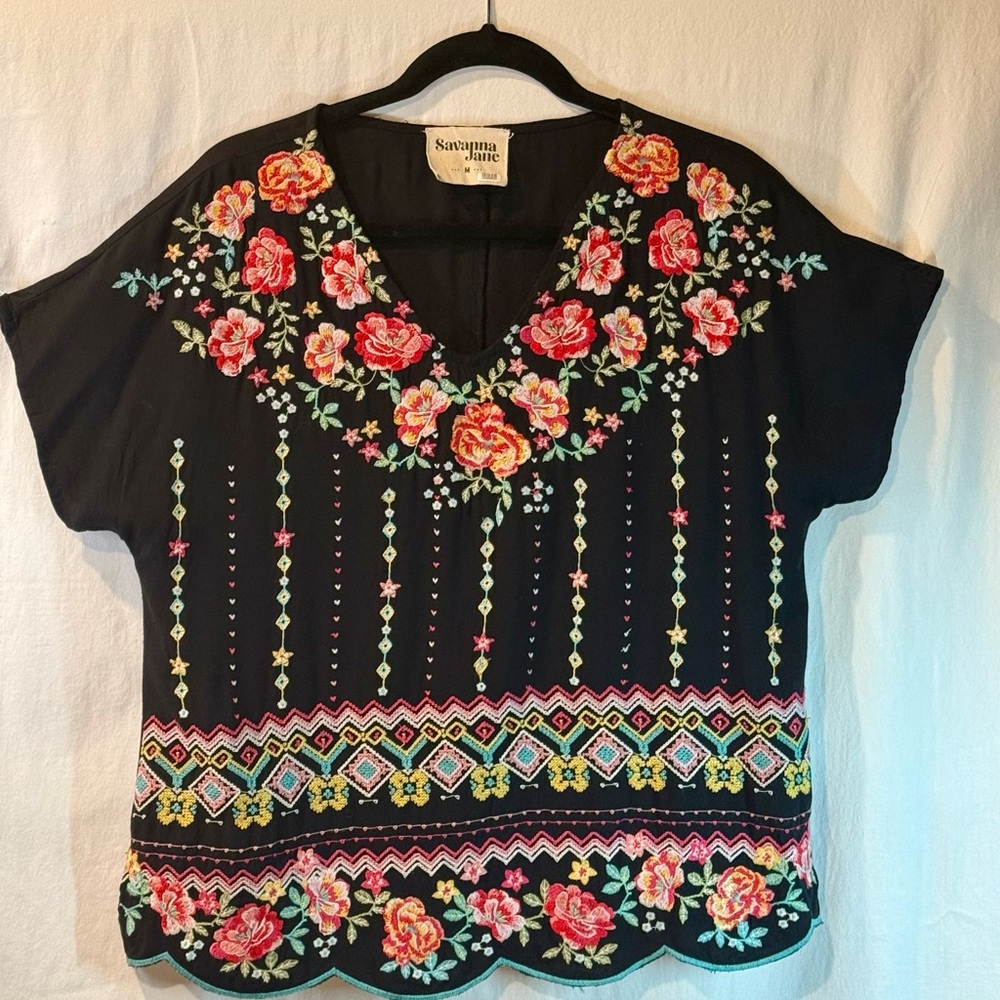 Savanna Jane Black Top with Vibrant Floral Embroidery